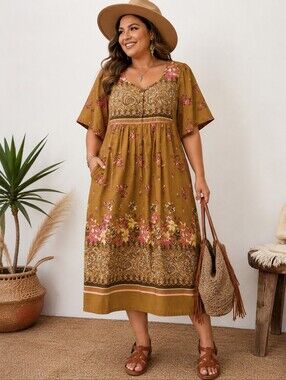Anthony Richards Olive Midi Dress with Pink Floral Border